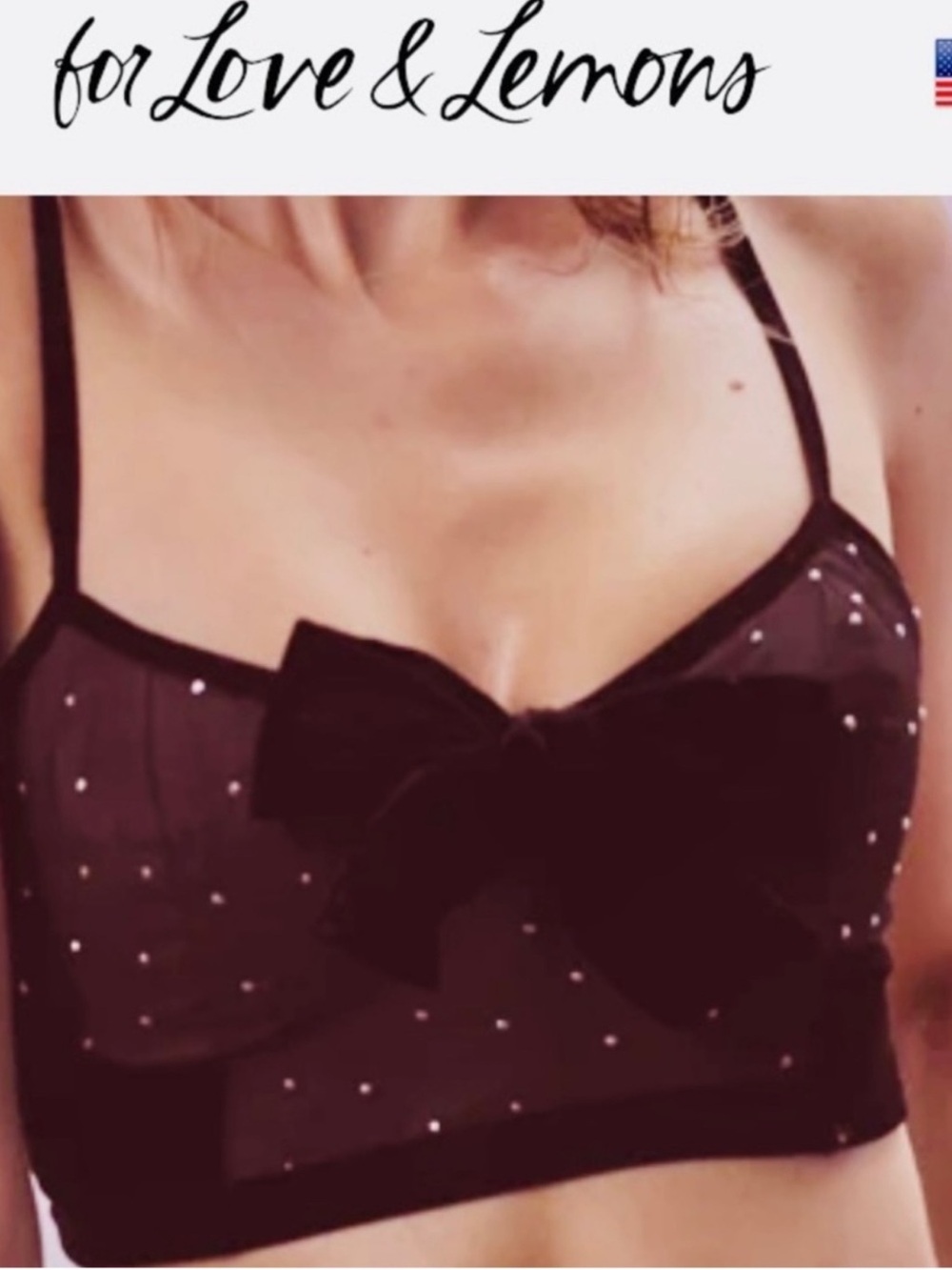 NWOT For Love & Lemons Lucky Dice Bow Front Bra Black Rhinestone M - Picture 3 of 11